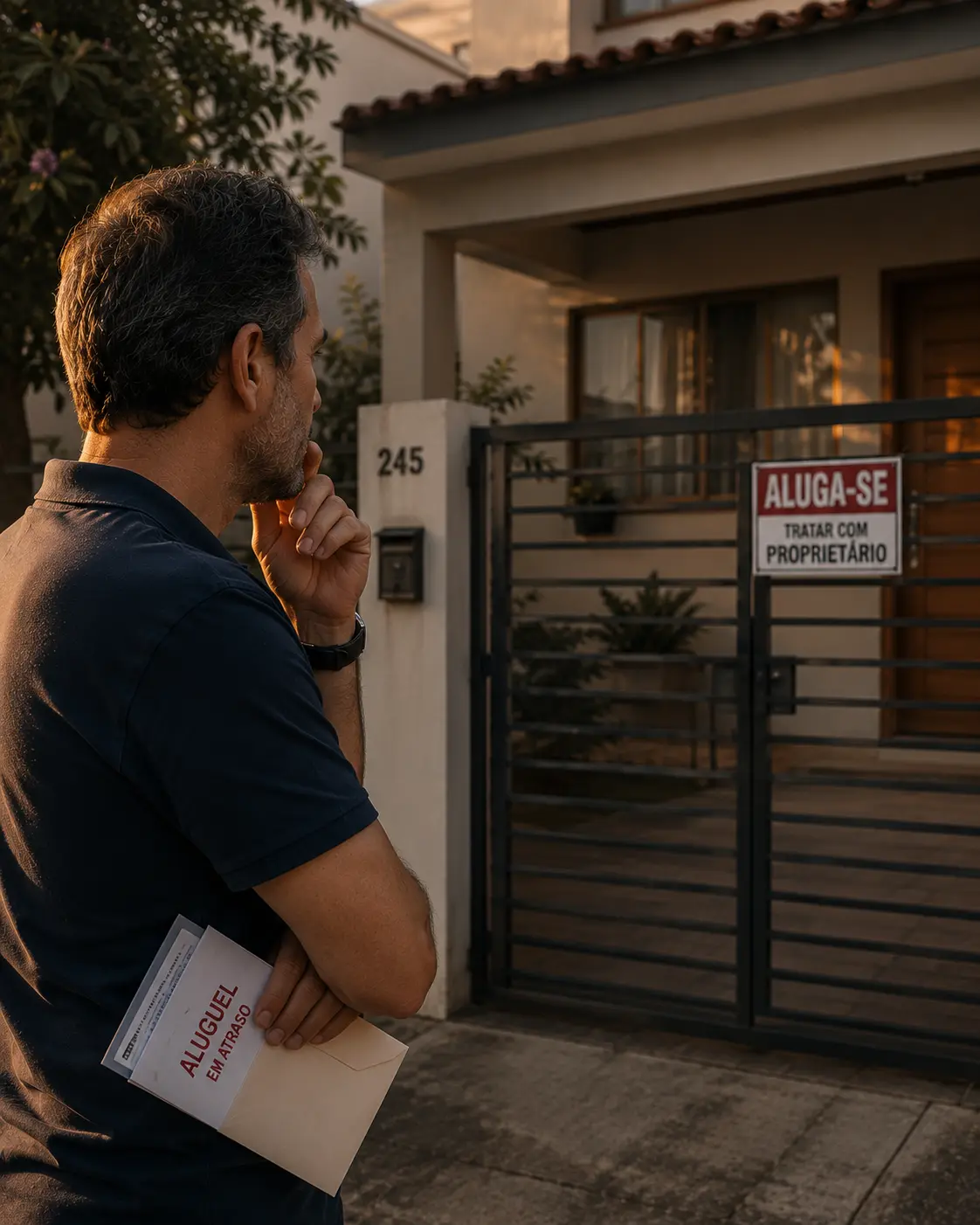 Homem em frente a imóvel alugado segurando envelope com aviso de aluguel em atraso