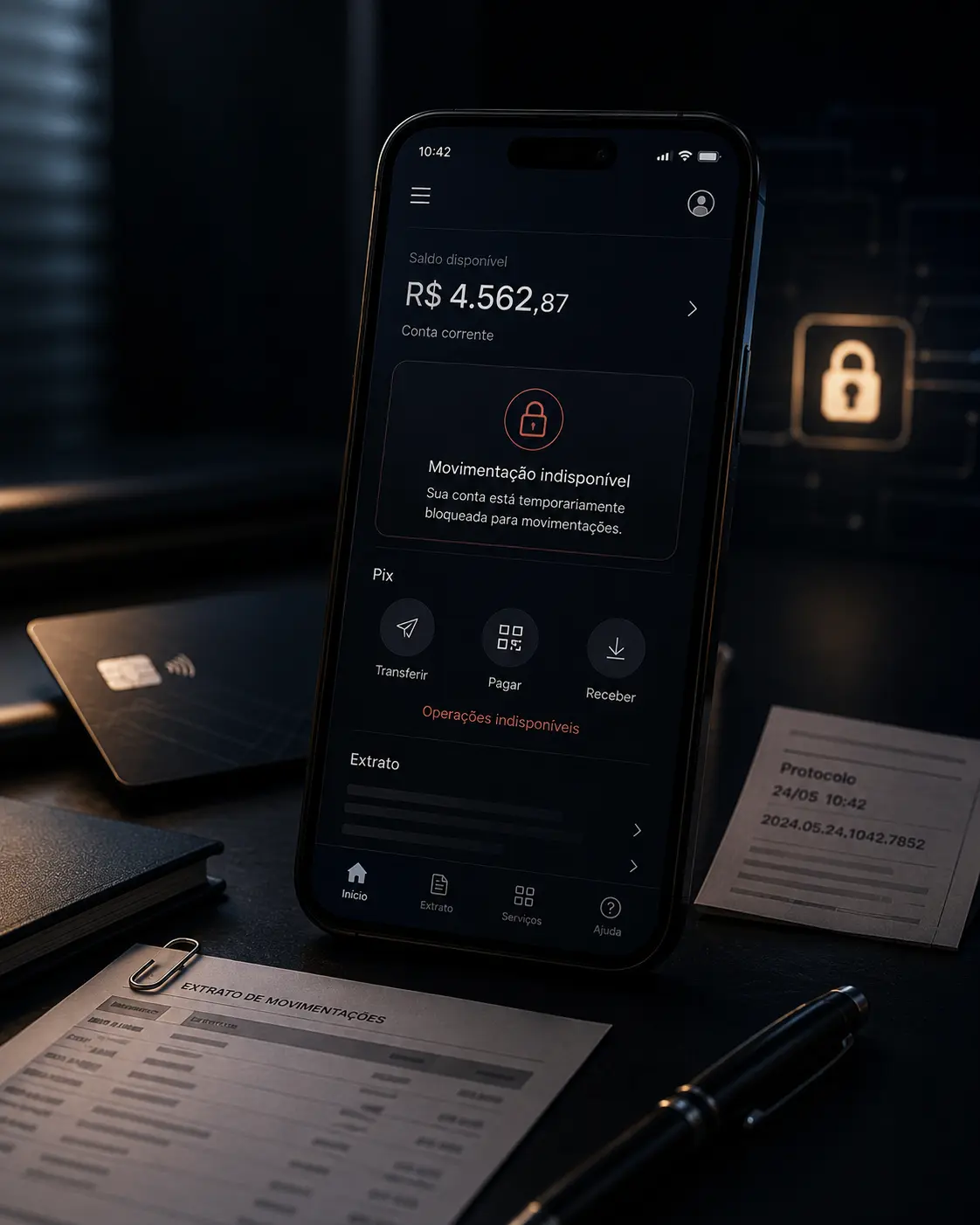 Celular mostrando aviso de movimentação indisponível na conta bancária