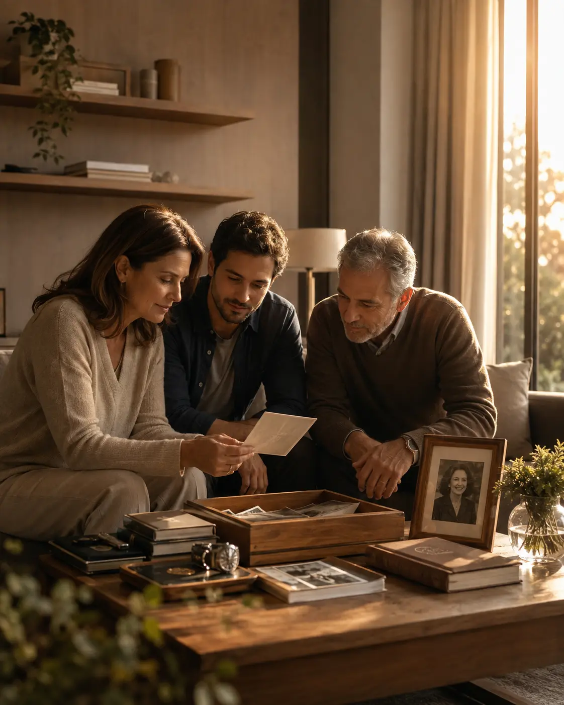 Família reunida observando fotografias e documentos antigos sobre a mesa da sala