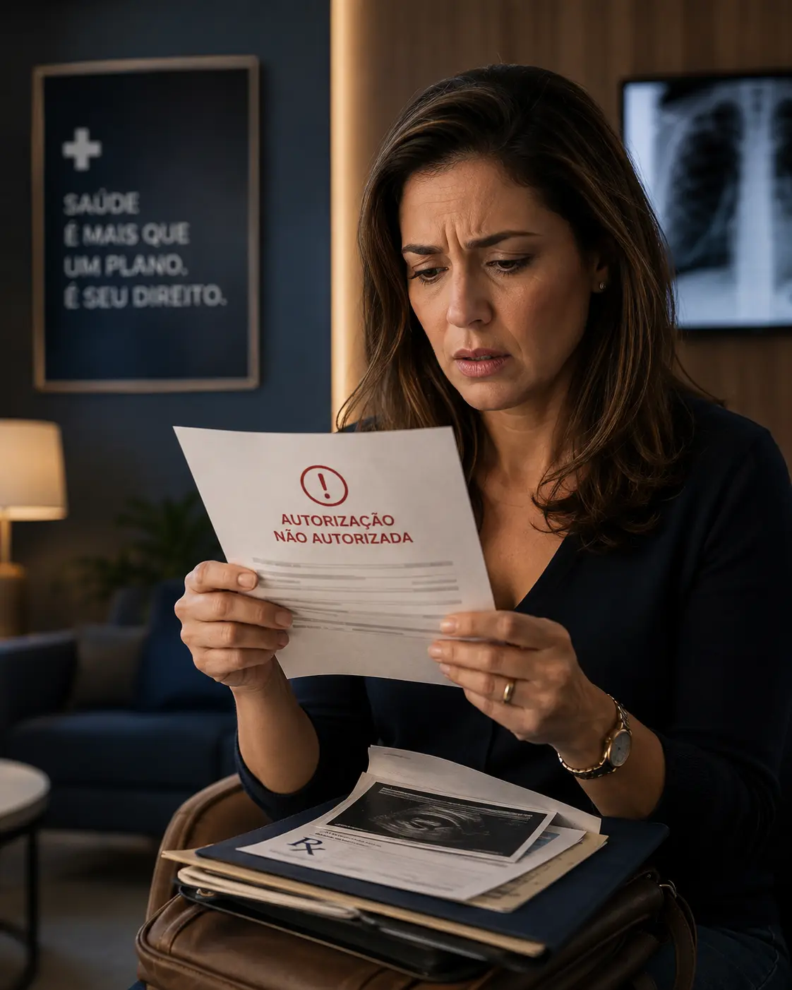 Mulher lendo carta de autorização não autorizada pelo plano de saúde em consultório