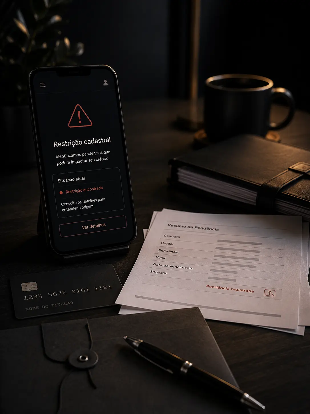 Celular exibindo alerta de restrição cadastral ao lado de extrato e cartão sobre a mesa