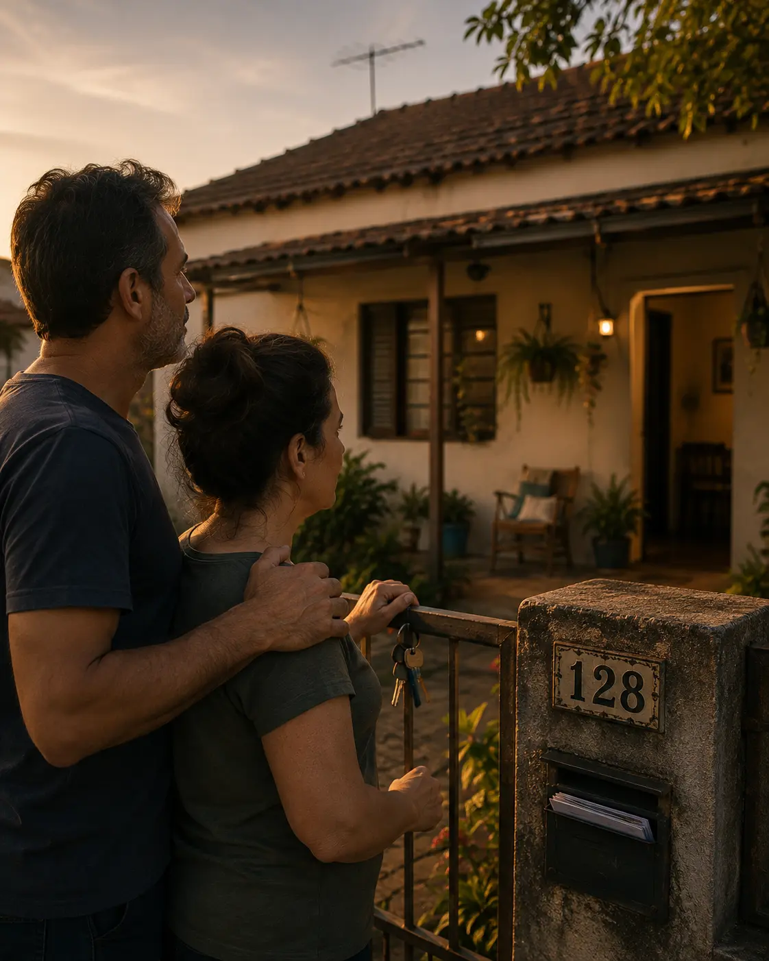 Casal observando a fachada da casa onde mora, parado junto ao portão ao entardecer